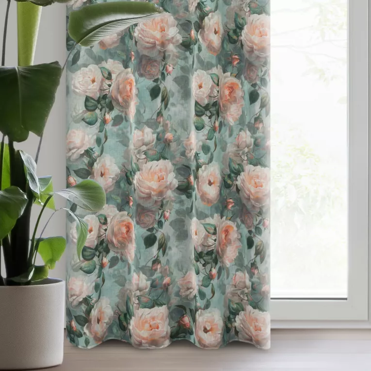 Zasłona miętowa w różowe róże z efektem akwareli z etaminy 140x250 cm przelotka INKA