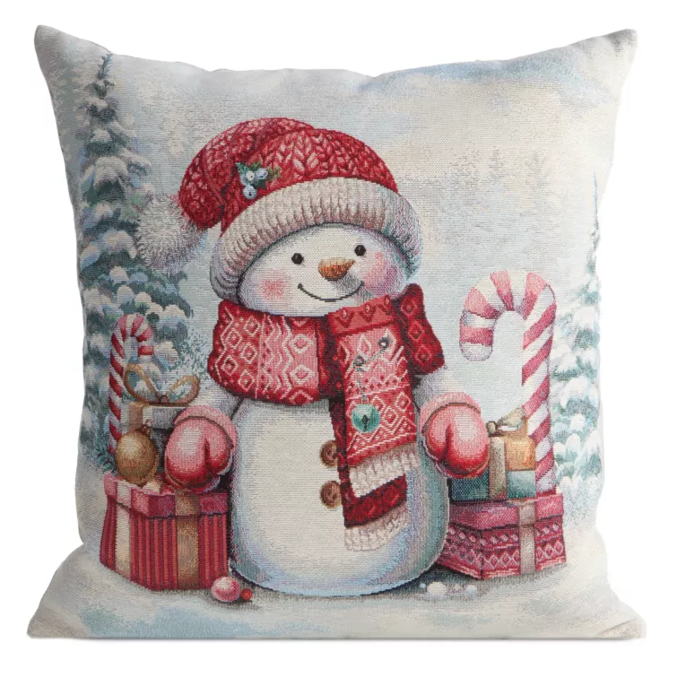 Poszewka na poduszkę świąteczna 45x45 cm gobelinowa popielato, czerwona  zdobiona motywem bałwanka