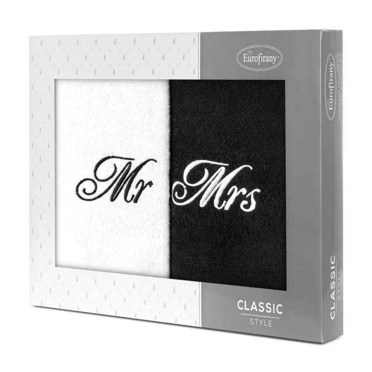 Zestaw ręczników bawełnianych na prezent 2 szt 50x90 cm z haftem MR&MRS kolor biały, czarny 400 g/m2