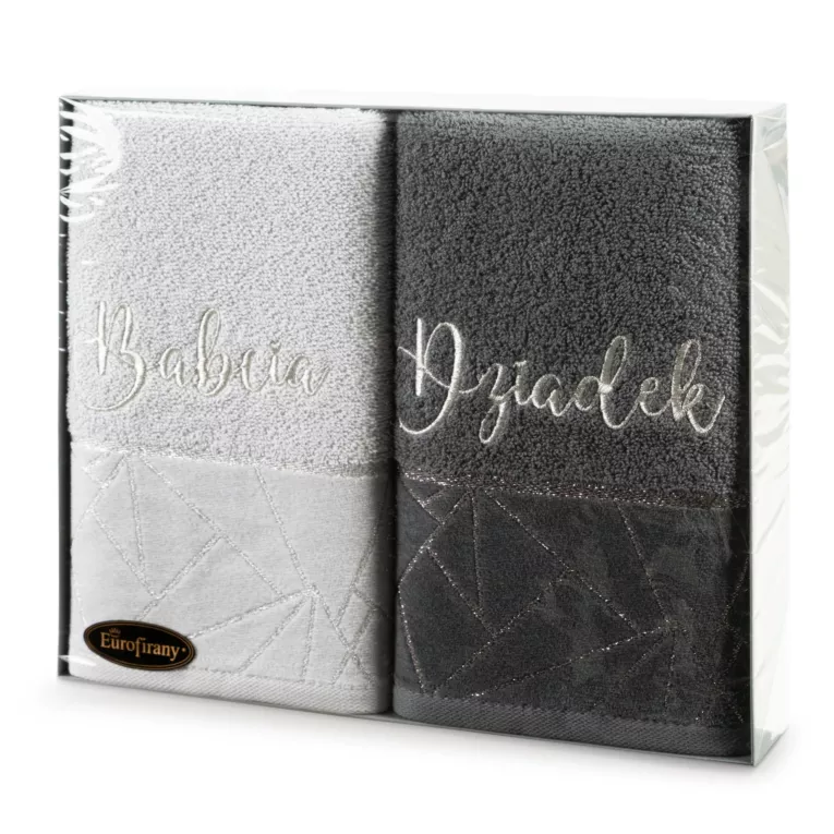 Zestaw ręczników bawełnianych  na prezent 2 szt. 50x90 cm kolor biało, stalowy z haftem BABCIA DZIADEK