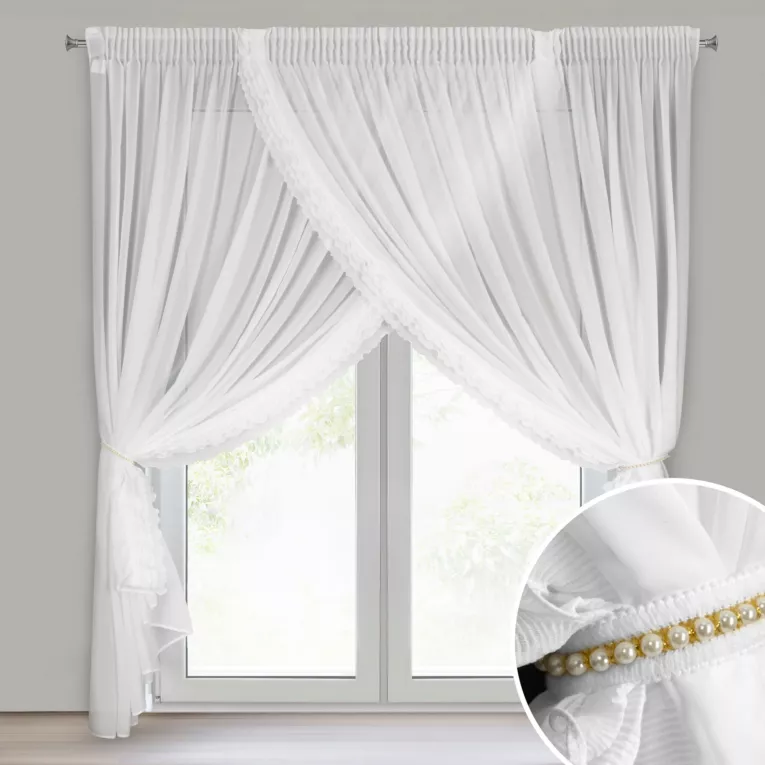 Firana biała z szyfonowej tkaniny zdobiona falbanką w komplecie troczek 400x250 cm LUISA - taśma