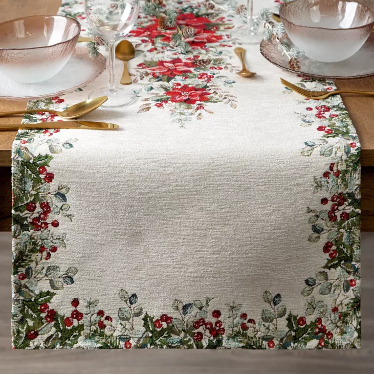 Świąteczny bieżnik kolor naturalno, zielony 45x140 cm z szenilowej tkaniny zdobiony świątecznym motywem