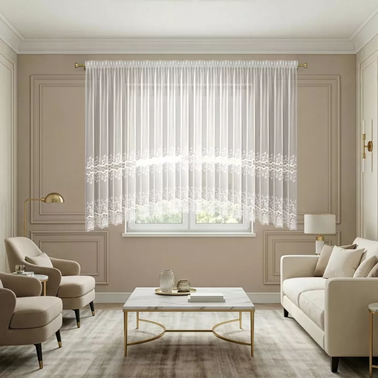 Firana typu łuk biała adenu 450x165 cm zdobiona gipiurą taśma - JOYCE