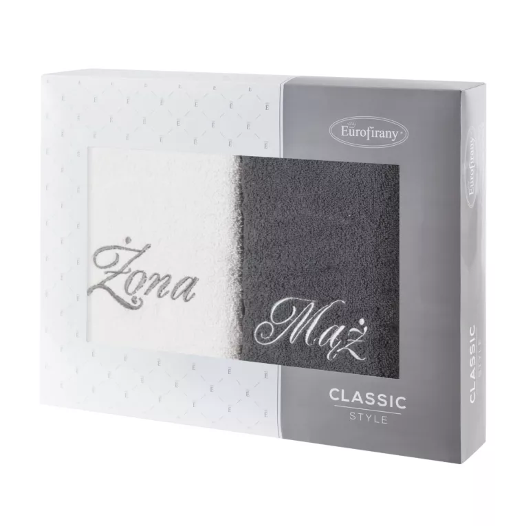 Zestaw ręczników bawełnianych na prezent 2 szt 70x140 cm z haftem Żona i Mąż kolor srebrny,stalowy 400 g/m2