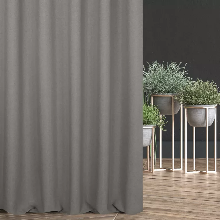Zasłona szyta na taśmie 5 cm szarobeżowa ze strukturalnej tkaniny typu blackout, zaciemniająca w 100%