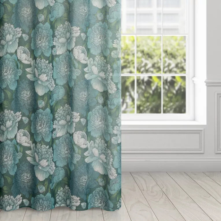 Zasłona oliwkowo, turkusowa w kwiaty peonii 140x250 cm przelotka - ASTER