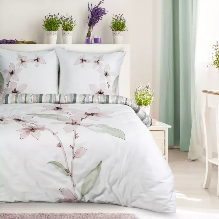 Pościel 220x200 cm bawełniana kolor biały, pudrowy z motywem roślinnym BIANCA Eurofirany Premium