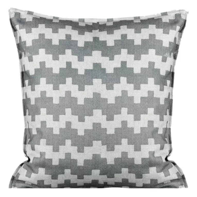 Poszewka na poduszkę 45x45 cm welwetowa stalowo, beżowa z geometrycznym nadrukiem i wypustką na brzegach GEO