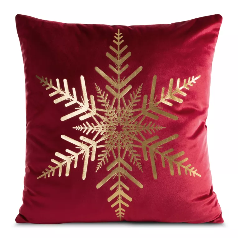 Poszewka na poduszkę 45x45 cm welwetowa, czerwono szampańska zdobiona śnieżynkami JOY