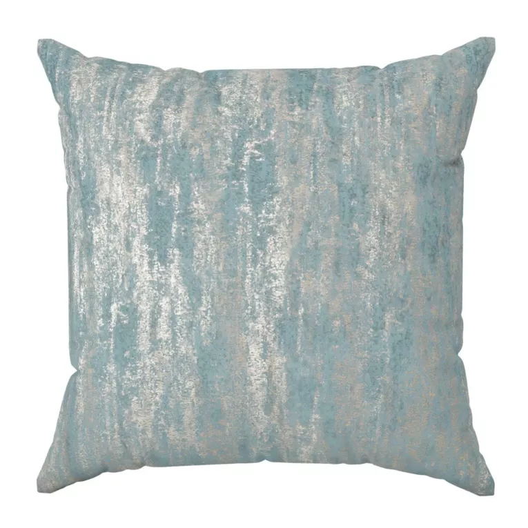 Poszewka szyta niebiesko złocista z grubej, welwetowej tkaniny z efektem przecieranego wzoru, zdobiona delikatnie połyskującym nadrukiem