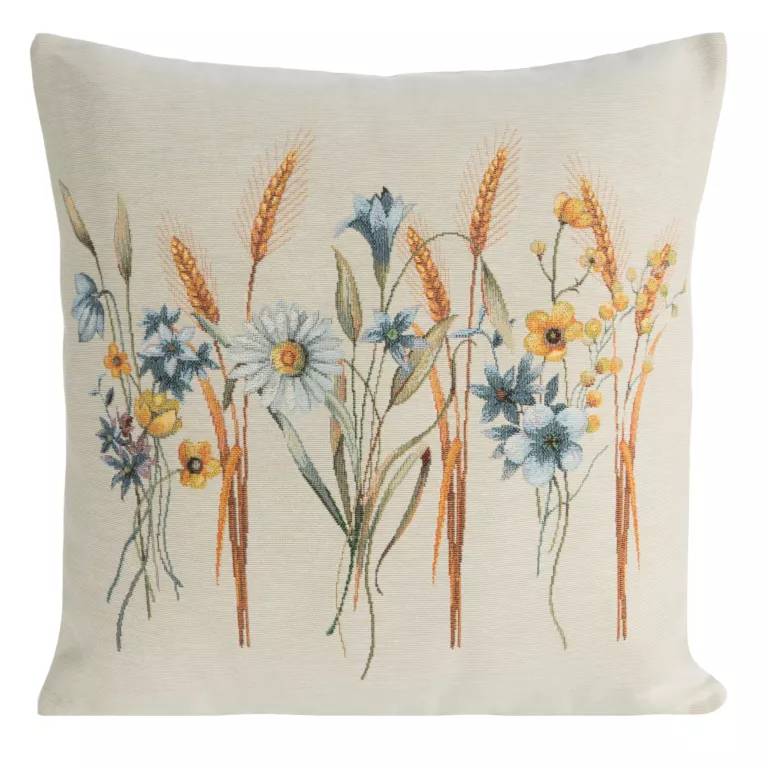 Poszewka na poduszkę 45x45 cm bawełniana, gobelinowa naturalno, błękitna z kwiatowym motywem GOB