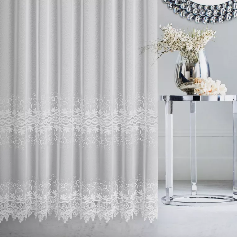 Firana szyta na taśmie fala PALOMA biała elegancka, z aplikacją na markizecie