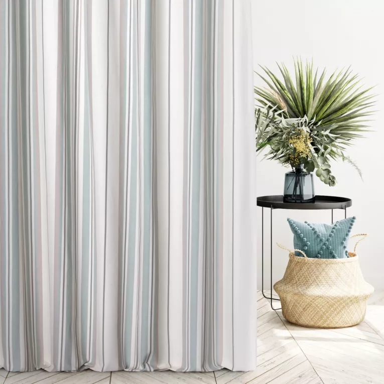 Zasłona szyta na taśmie 5 cm naturalno turkusowa z tkaniny w pasy