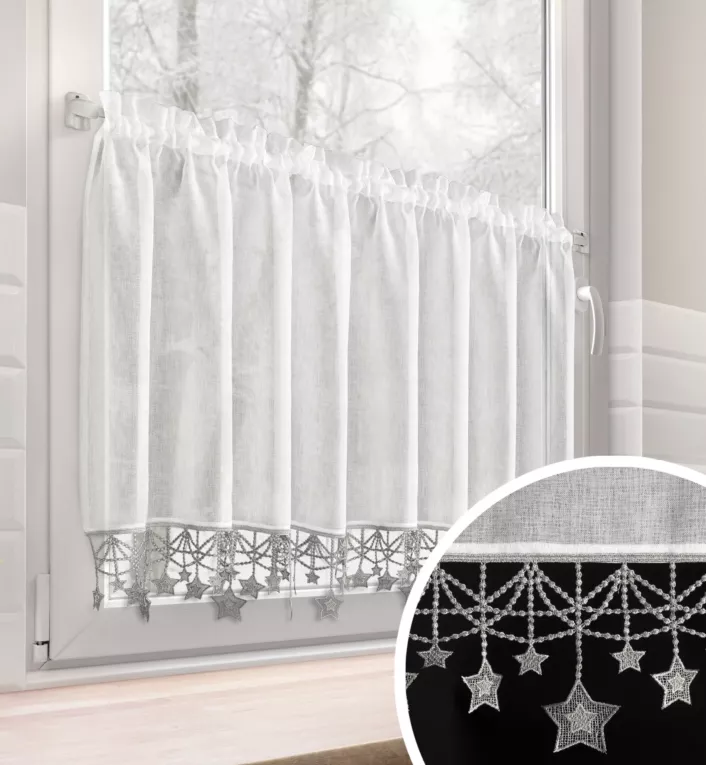 Zazdrostka biało, srebrna z etaminy zdobiona świątecznymi gwiazdkami 150x60 cm tunel - XMAS