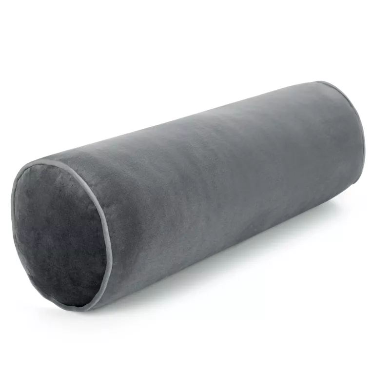 Poduszka dekoracyjna wałek 15 x 45 cm welwetowa grafitowa zdobiony kontrastującą lamówką GAJA