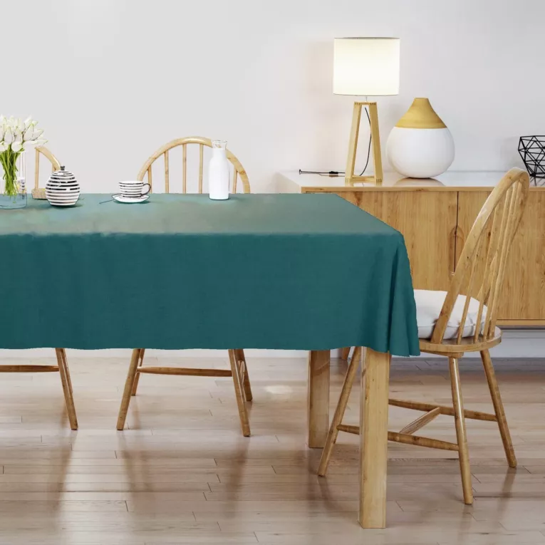 Obrus szyty turkusowy o naturalnym, gęstym splocie w stylu eko