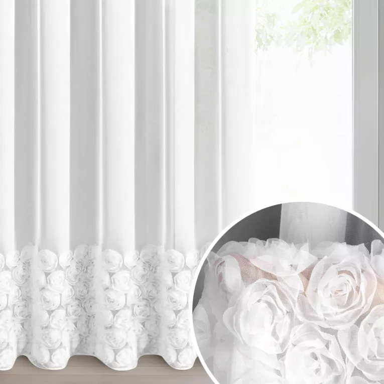 Firana biała z siateczki zdobiona aplikacją 3D w róże 140x270 cm taśma - ROSES3 - Eva Minge