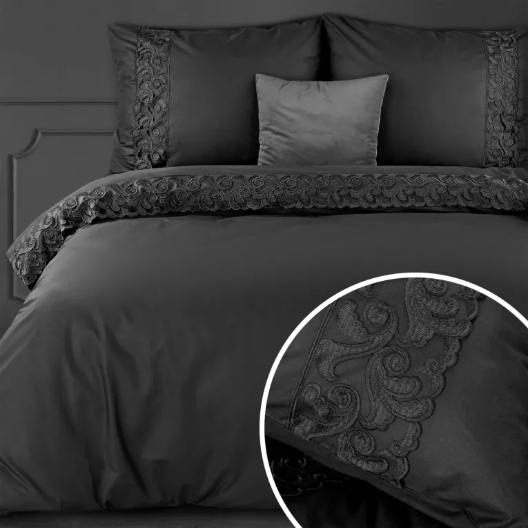 Pościel 160x200 cm komplet 3 częściowy z bawełny renforce kolor czarny zdobiona elegancką koronką LANA3 Eurofirany Premium