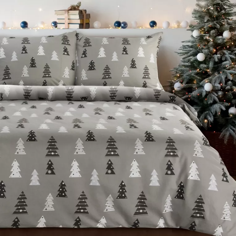 Pościel świąteczna 160x200 cm z bawełny flanelowej, kolor stalowy, biały z nadrukiem drobnych choinek LENON