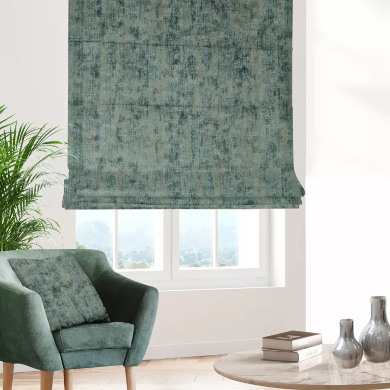 Roleta rzymska turkusowo szampańska z tkaniny welwetowej z nadrukiem