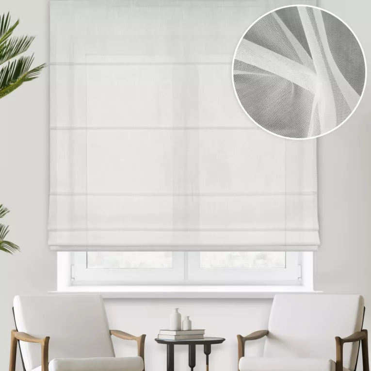 Roleta rzymska biała z matowej tkaniny Aden, wykończona obciążnikiem