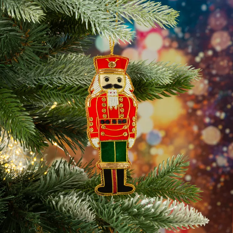 Ozdoba na choinkę DZIADEK DO ORZECHÓW przeszyty złotą nicią