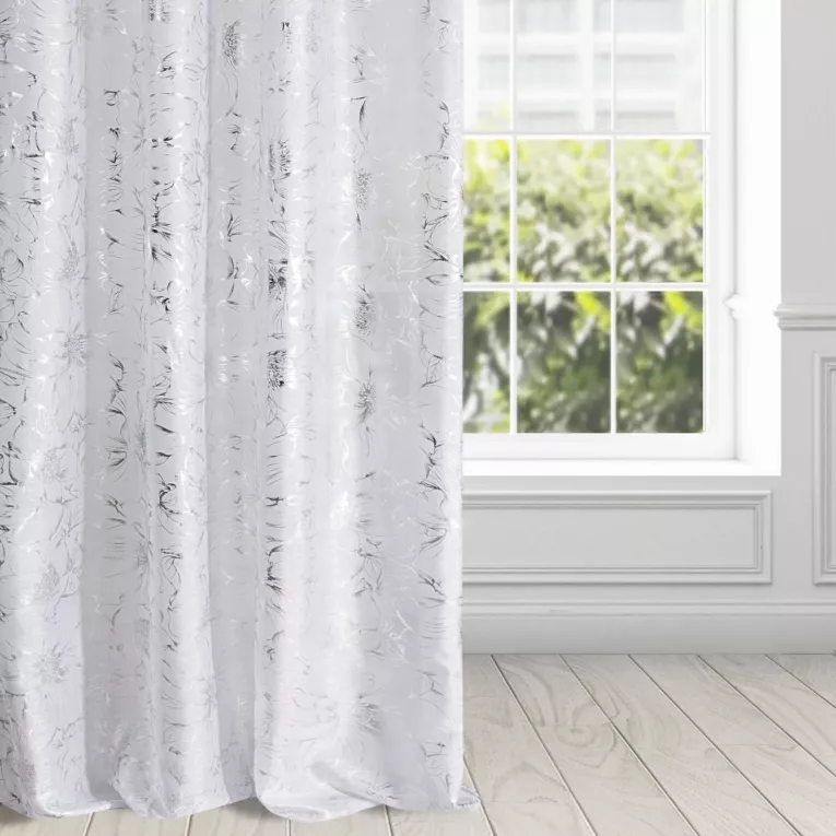 Firana biała z etaminy z nadrukiem srebrzystych kwiatów 140x300 cm taśma FEZA