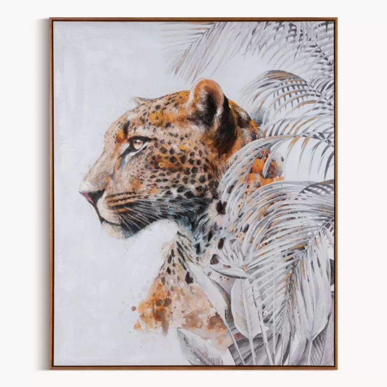 Obraz ręcznie malowany na płótnie gepard wśród liści palm, oprawiony w ramę