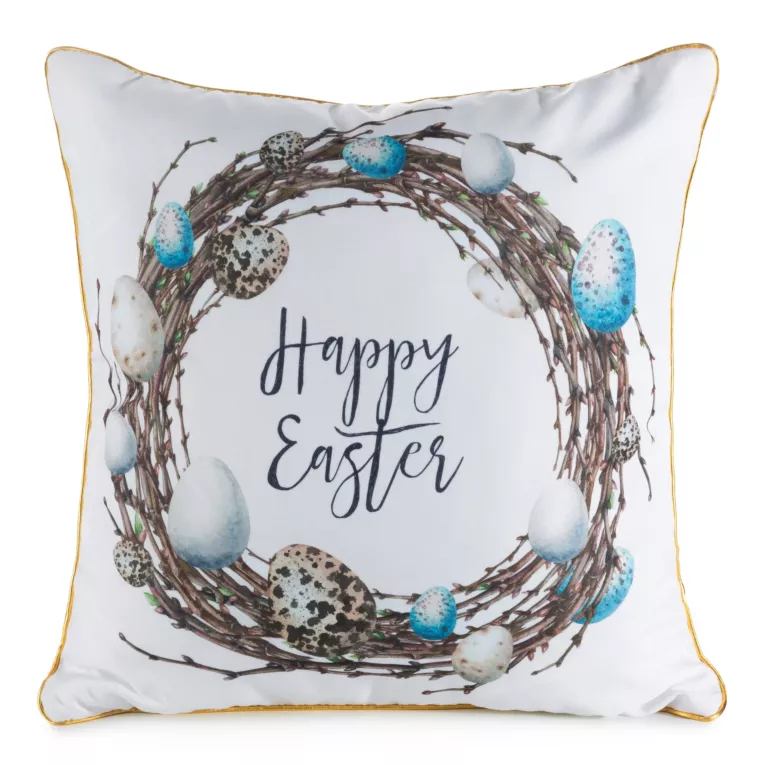 Poszewka na poduszkę 45x45 cm biało, brązowa z motywem wielkanocnym z elegancką lamówką WIOSNA 51