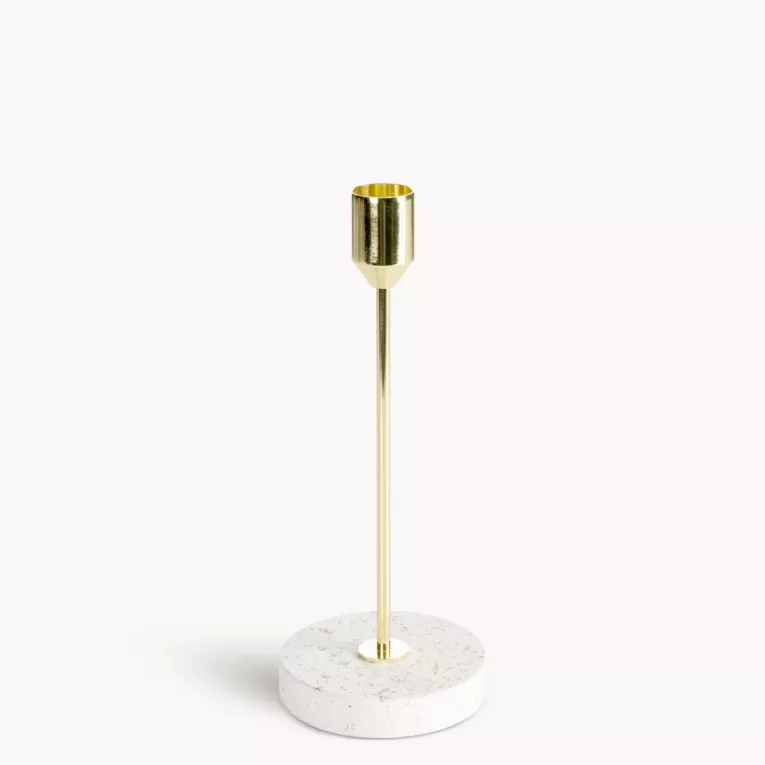 Świecznik dekoracyjny złoto, kremowy o smukłym uchwycie i kamiennej podstawie średnica 8x18 cm KORI