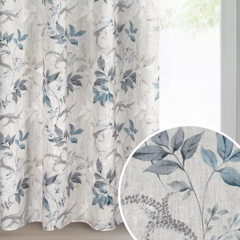 Zasłona naturalno, niebieska o naturalnym splocie zdobiona motywem roślinnym 140x250 cm przelotka - NICOLA