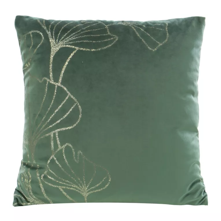 Poszewka na poduszkę 45x45 cm welwetowa ciemnozielona ze złotym nadrukiem liści miłorzębu BLINK