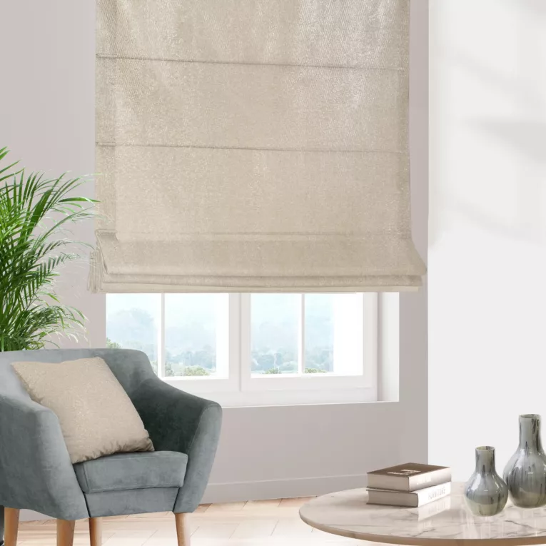 Roleta rzymska MATTEO złocista z grubotkanej nowoczesnej tkaniny z błyszczącym nadrukiem