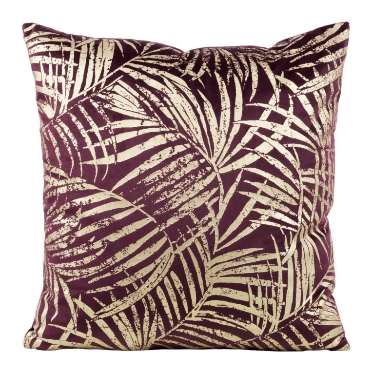Poszewka na poduszkę 45x45 cm welwetowa fioletowa ze złocistym nadrukiem liści BLINK 26