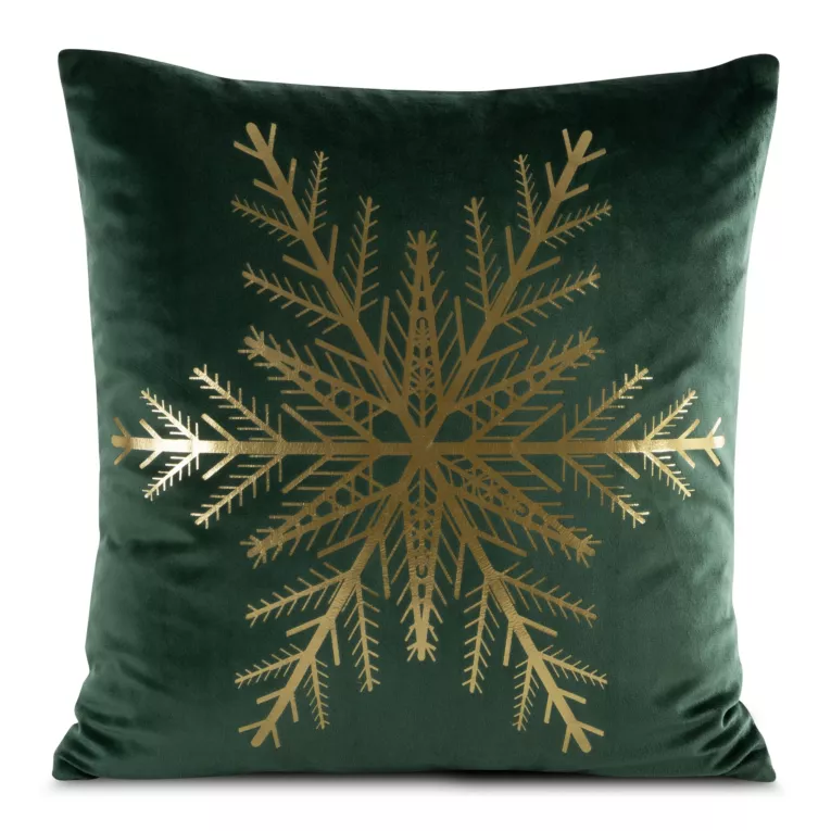 Poszewka na poduszkę 45x45 cm welwetowa zdobiona śnieżynkami zielono, złota JOY