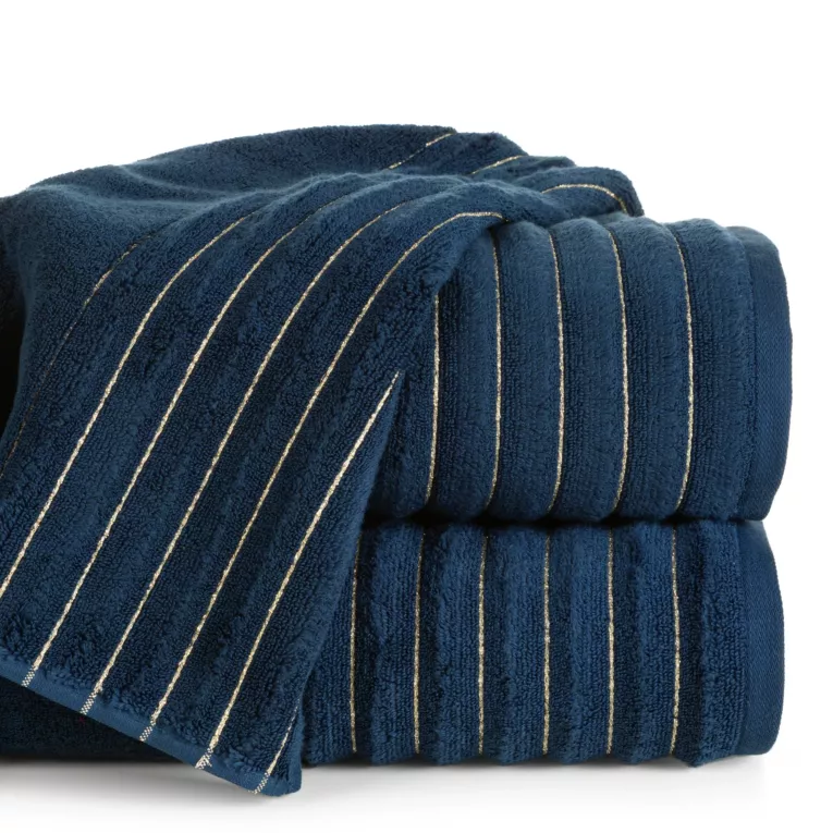 Ręcznik kąpielowy 70x140 cm kolor granatowy zdobiony prążkami z błyszczącej nici 500 g/m2 LUNARI