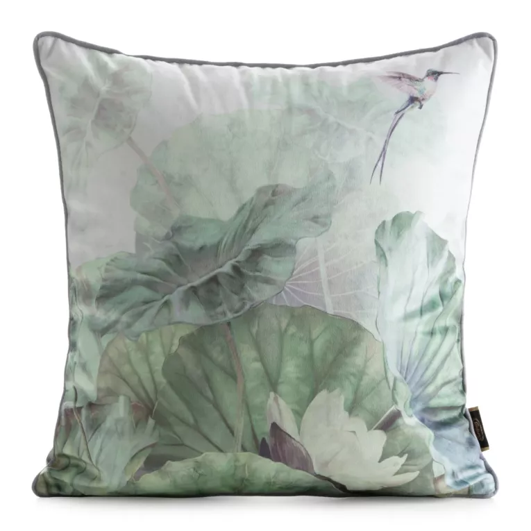 Poszewka na poduszkę 45x45 cm welwetowa, zielono srebrna zdobiona egzotycznym nadrukiem VELVET 194 Eurofirany Premium