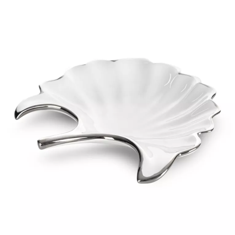 Patera ceramiczna biało-srebrna  w kształcie liścia 21x20x4 cm ABBI