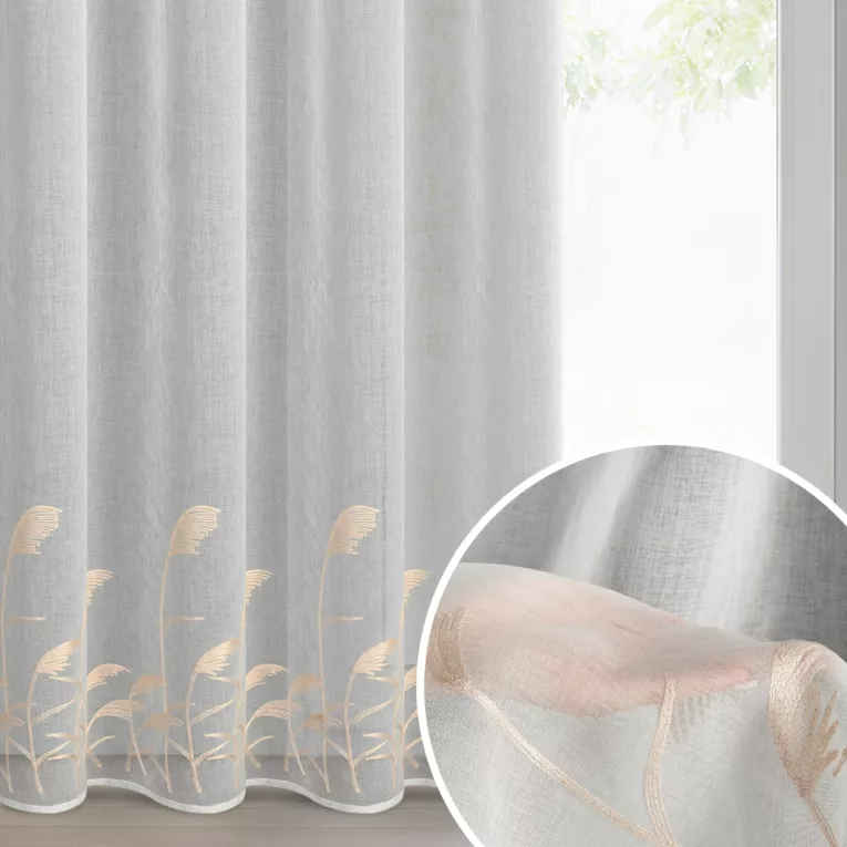 Firana biało, beżowa z etaminy zdobiona haftem w źdźbła ozdobnej trawy  140x250 cm przelotka - TASHA