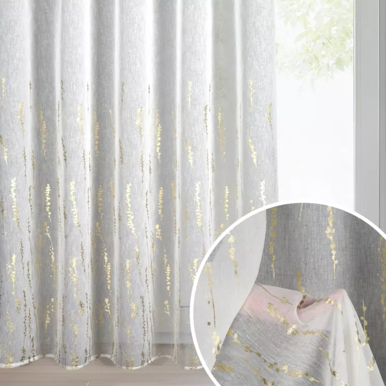 Firana biało, szampańska z matowej tkaniny zdobiona błyszczącym wzorem 140x270 cm taśma LINZI