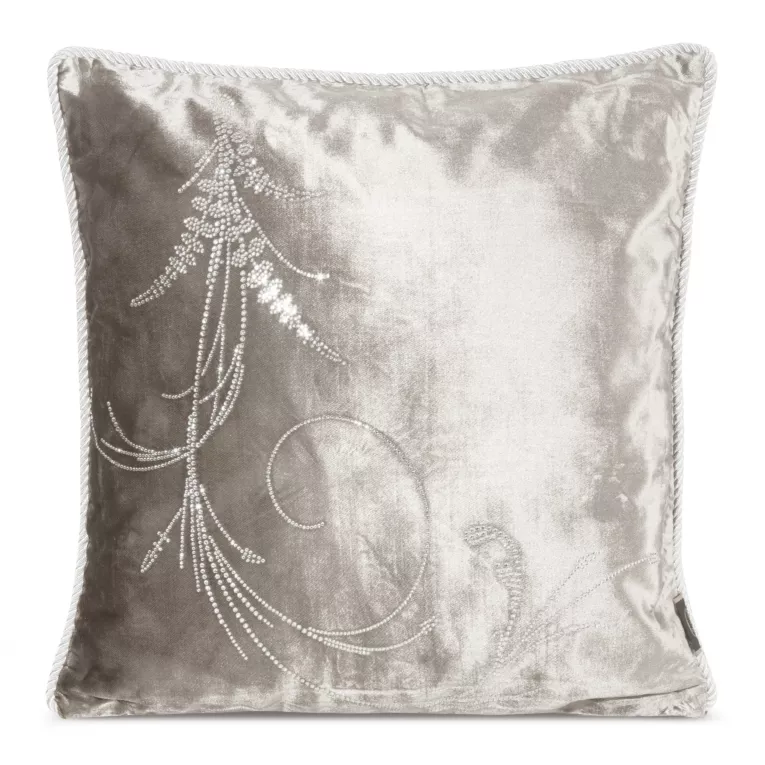 Poszewka na poduszkę 45x45 cm welwetowa, beżowa zdobiona wzorem z kryształków i srebrnym sznurem na brzegach ROYAL 10