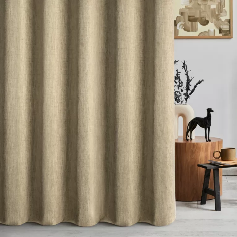 Zasłona szyta na taśmie 5 cm ciemnobeżowa z tkaniny w stylu eko z efektem melanżu