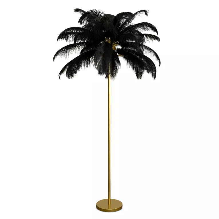 Lampa stojąca do salonu czarno, złota FERI na metalowej podstawie z efektownym abażurem z naturalnych strusich piór