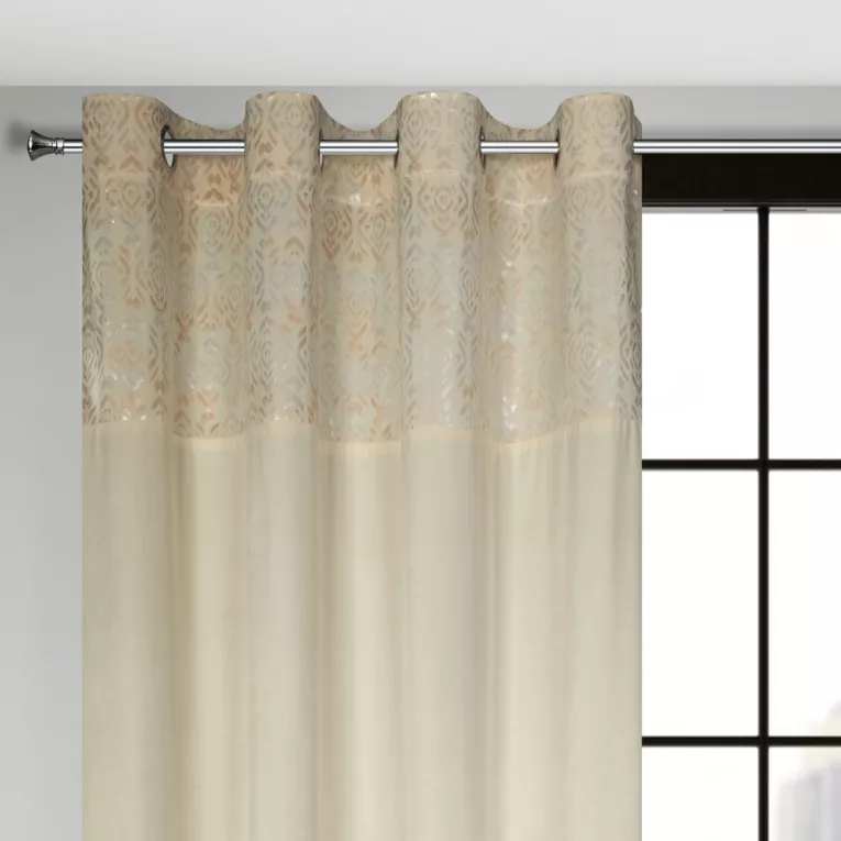 Zasłona kremowo, złota z dekoracyjnym pasem z welwetu 140x250 cm przelotka - LIZA