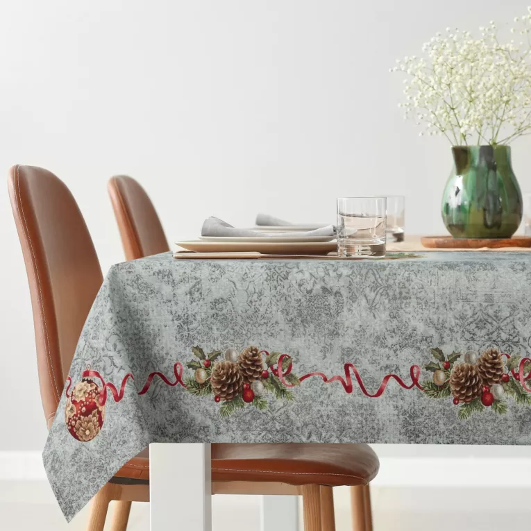 Obrus popielato, czerwony 140x180 cm gobelinowy z motywem świątecznym