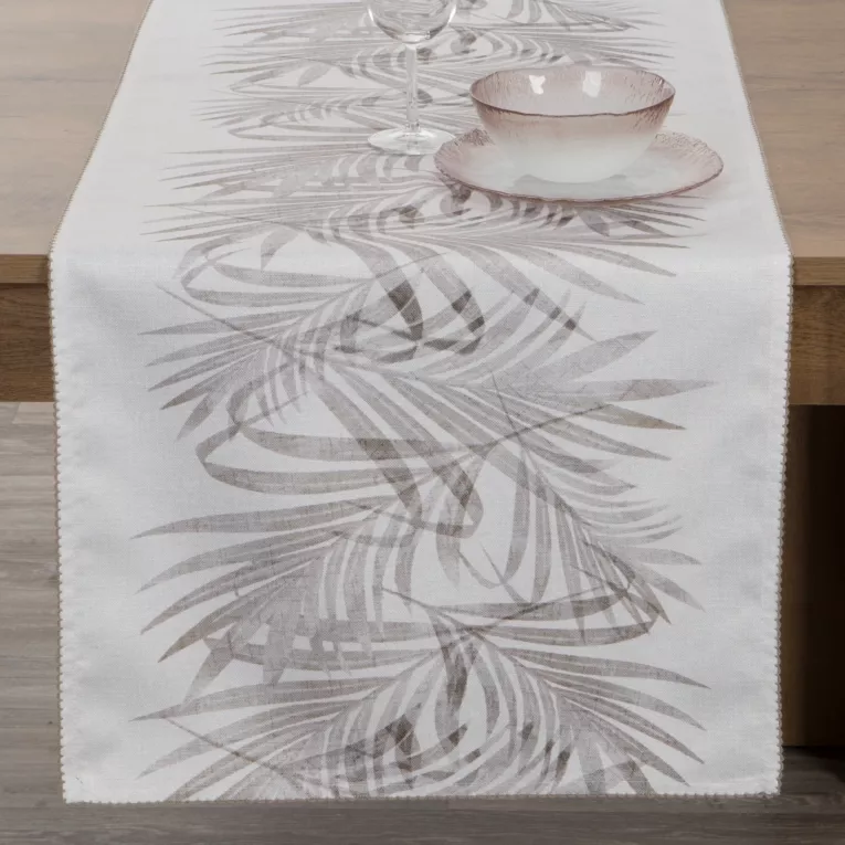 Bieżnik na stół naturalno, stalowy 40x180 cm INES z nadrukowanym motywem liści palmowych