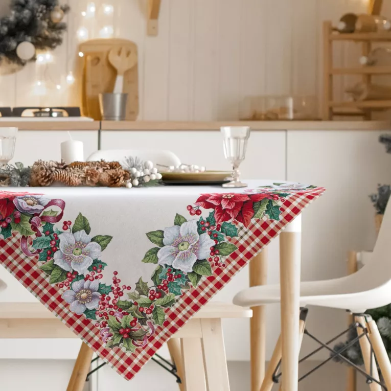 Obrus naturalno, czerwony 100x100 cm świąteczny gobelinowy zdobiony motywem gwiazd betlejemskich