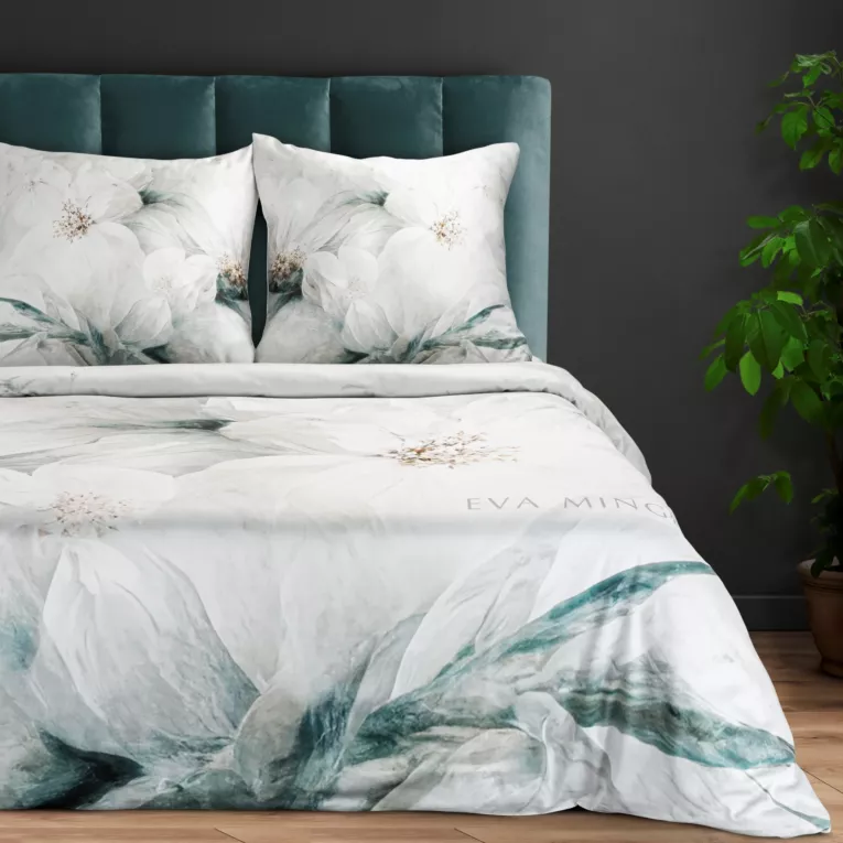 EVA MINGE Komplet pościeli EVA 05 z najwyższej jakości makosatyny bawełnianej  z nadrukiem malowanych pędzlem kwiatów