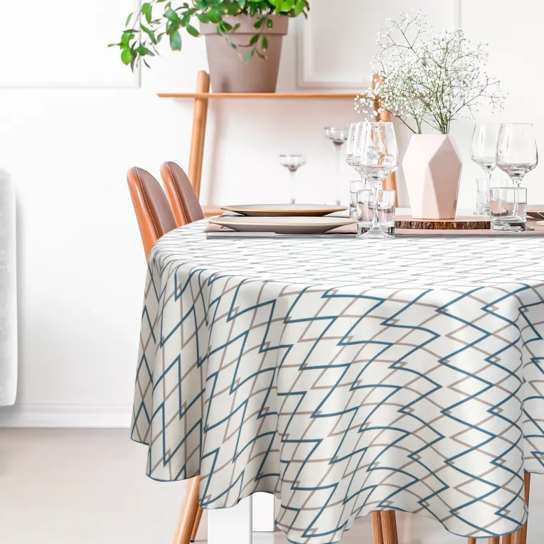 Obrus okrągły naturalno, ciemnoturkusowy średnica 150 cm INES z nadrukowanym motywem geometrycznym