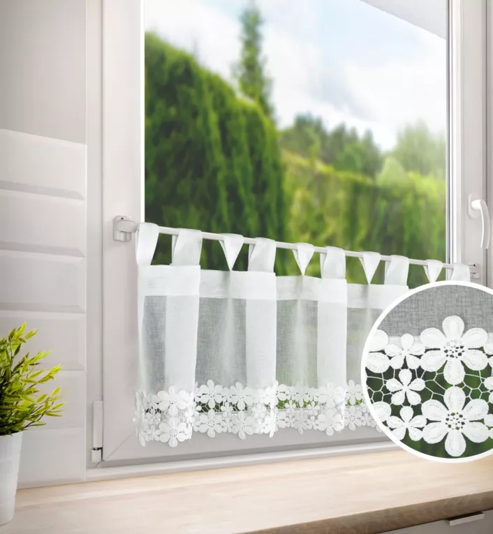 Zazdrostka biała z etaminy zdobiona haftowaną gipiurą 40x150 cm szelki - KAJA